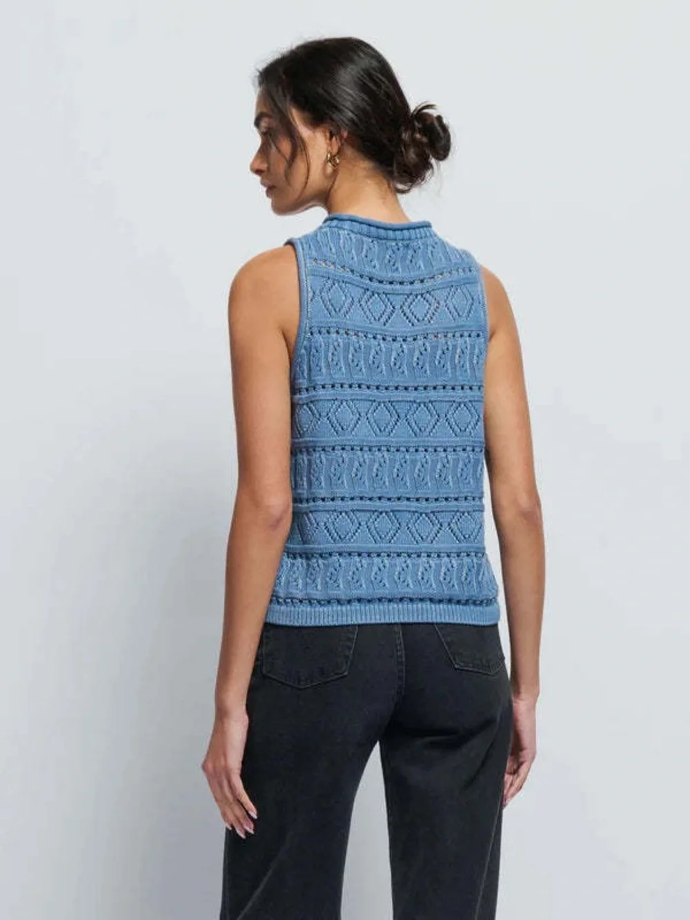 Nation LTD Lina Pointelle Sleeveless Sweater Vest Faded Denim Size M - Picture 4 of 10